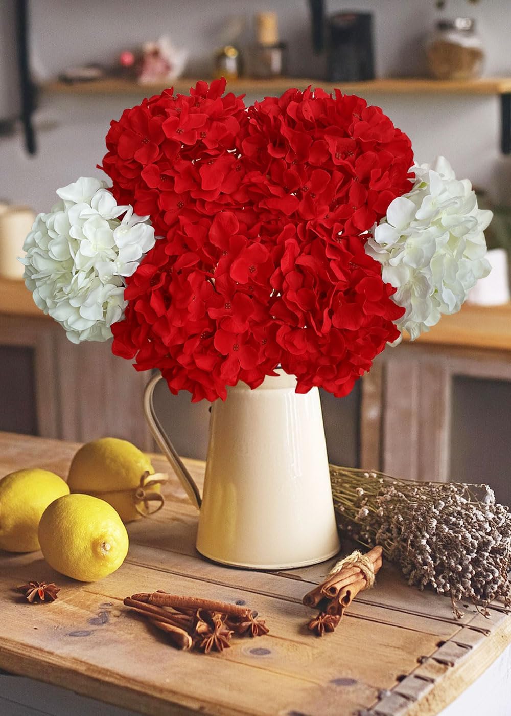 6 Pcs 20" Silk Hydrangeas Flower, Hydrangea Artificial Flowers, Long Stems Large Faux Floral Lifelike Fake Bouquet for Party Home Garden Porch Xmas Decor (2Pcs White/ 4Pcs Red) - Image 4