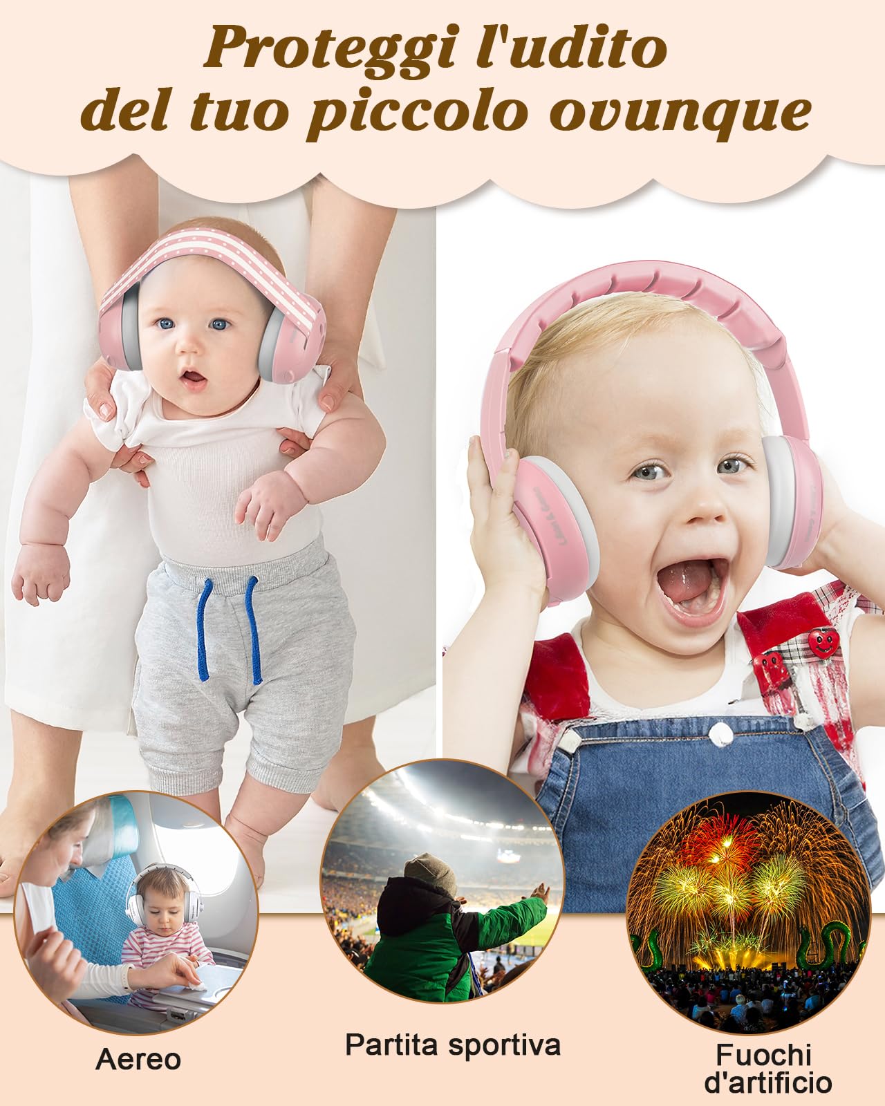 Lilian&Gema 2 in 1 Cuffie Neonato Antirumore -25dB,Protettori acustici per neonati, archetto regolabile, antiscivolo e antistress, protezione acustica ideale per neonati fino a 48 mesi