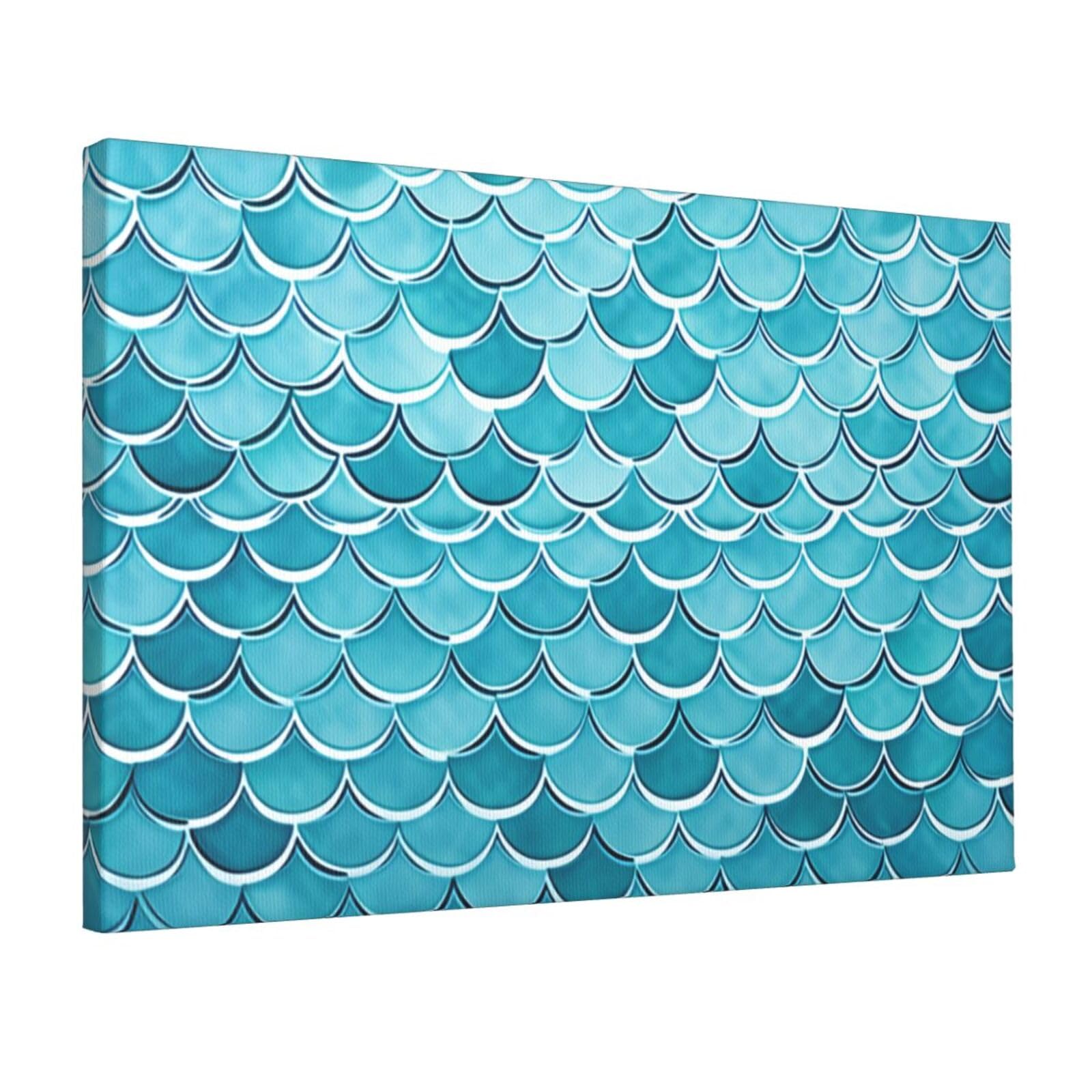 KLOPH Blue Waves Squama Mermaid Scale Canvas Wall Art for Living Room 12"x18" Modern Artwork Painting for Bathroom Hanging Canvas Prints Aesthetic Wallart for Bedroom Kitchen Office Wall Decor
