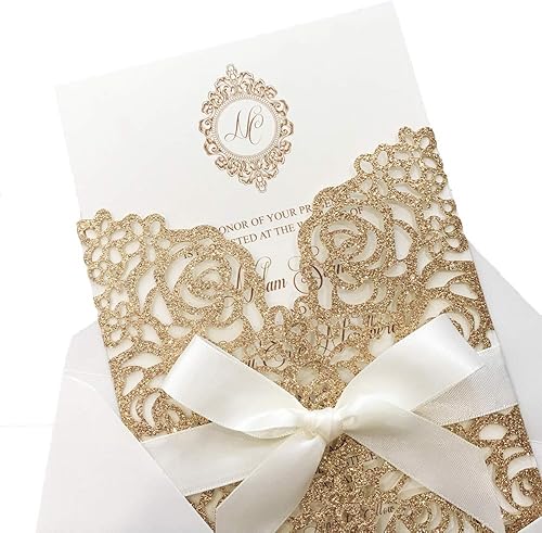 Miniatura 9 de Juego de 25 invitaciones de boda con sobres de 5.039 x 7.283 in de encaje cortado con láser para bodas, fiestas de novia, despedida de soltera