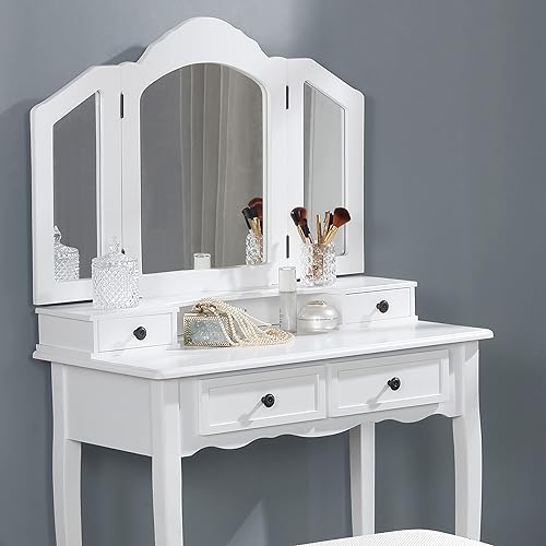Miniatura 4 de Roundhill Furniture, Sanlo - Juego de tocador y banco de madera, blanco Blanco,Plateado,Oro Rosa,Rosado,https://www.amazon.com/dp/undefined