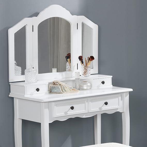 Vanity Table Vintage Vanity Desk with Mirror and Stool, with 3-Panel Beveled Mirror and 4-Drawers, Vanity Set for Bedroom and Small Spaces (White)