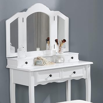 Vanity Table Vintage Vanity Desk with Mirror and Stool, with 3-Panel Beveled Mirror and 4-Drawers, Vanity Set for Bedroom and Small Spaces (White)