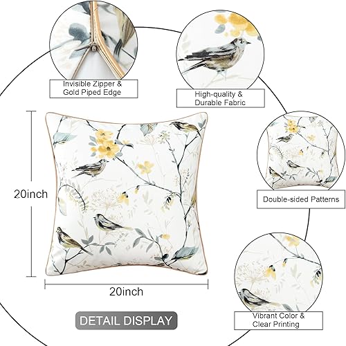 Miniatura 3 de VOGOL Juego de 2 fundas de almohada decorativas cuadradas con estampado de pájaros grises botánicos, fundas de cojín suaves al tacto, 20 x 20