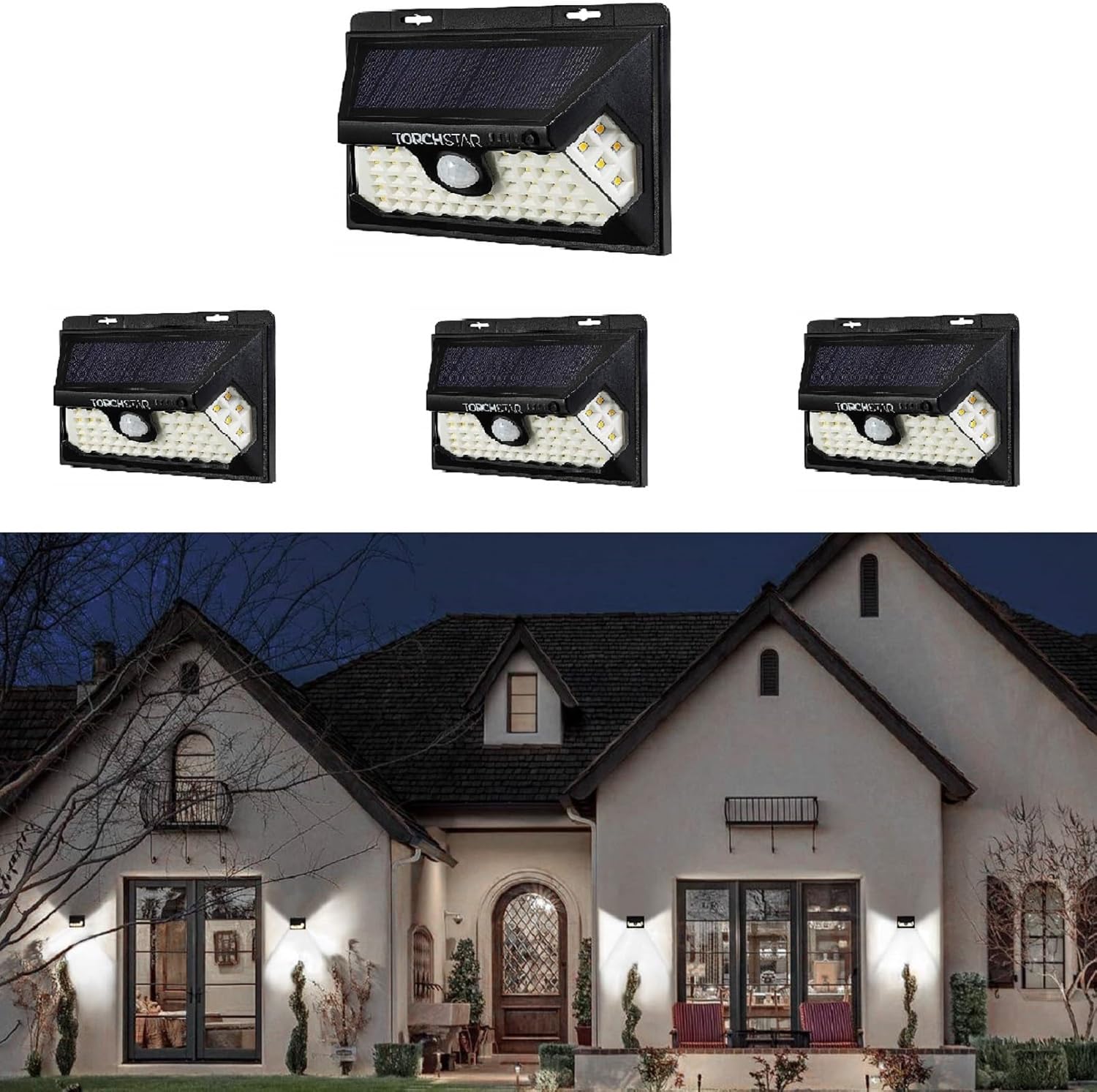 TORCHSTAR 58 LED Solar Powered Security Light, 4 Modes Cordless Motion Sensor Dusk to Dawn Light, 270° Beam Angle, IP65 Waterproof for Yard, Garage, Porch, 6500K Pure White, Pack of 4