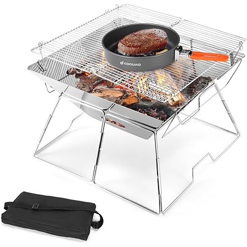 Odoland Folding Campfire Grill, 304 Stainless Steel Grate Barbeque Grill, Portable Camping Grill with Legs for Picnics, Backpacking, Outdoor with Carrying Bag and Kitchen Tongs
