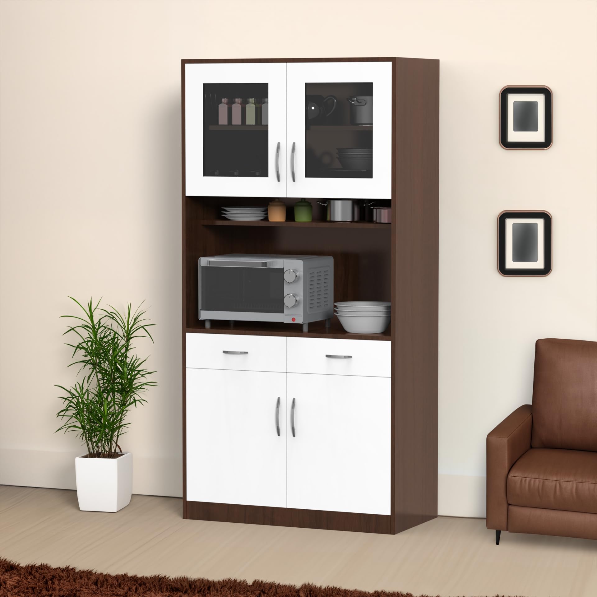 NEEHV HOME Elle Crockery Cabinet with Microwave Shelf | Display Unit for Dining Room (Brazilian Walnut and Frosty White, 45 X 90 X 180)-image-23