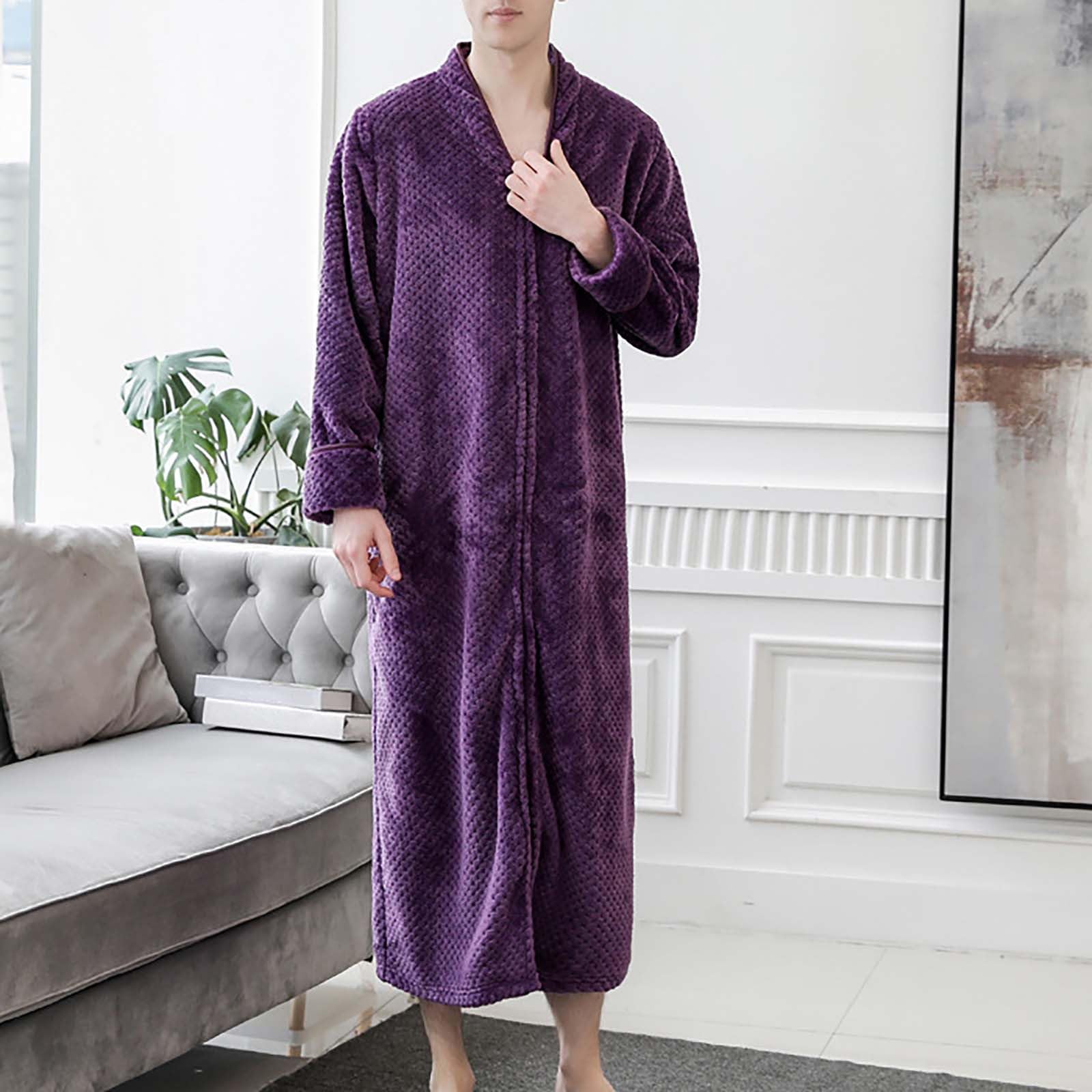 Accappatoio da donna con cerniera, leggero M-XL, vestaglia taglie lunga in pile | Pigiama da donna con scollo a V, con tasche, tinta unita, delicato sulla pelle
