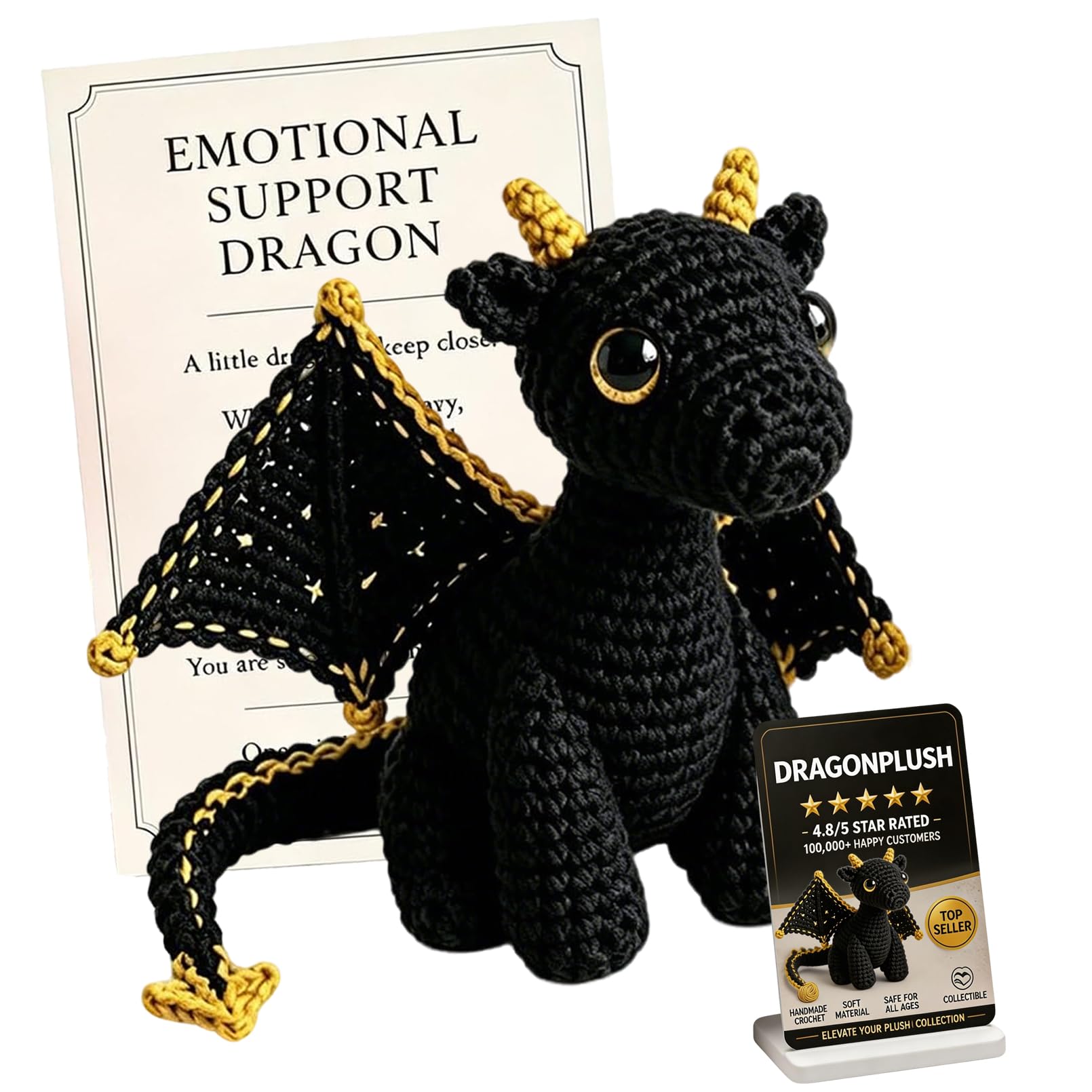 Emotional Support Dragon Pocket Buddy, Handmade Cute Plush Stuffed Dragon with Encouragement Card, Emotional Positive Crochet Gift (Black)