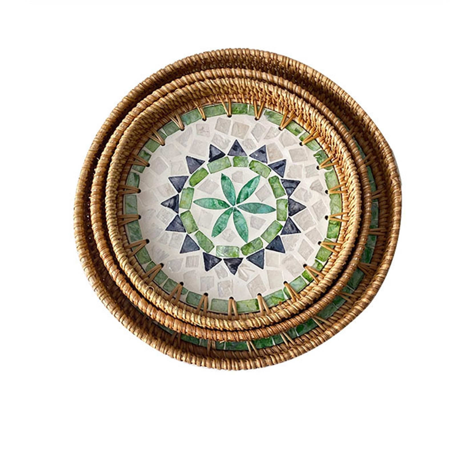 RUDHSJNJK 3 Packs Round Rattan Tray with Mother of Pearl Inlay Decorative Woven Serving Tray for Bread Fruit Food Coffee Breakfast,1