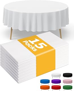 White Plastic Table Cloth Round Table 15 Pack, 84'' Tablecloth for Round Tables, Table Cloth for Disposable Use, Table Cover for Holiday Party, Gathering
