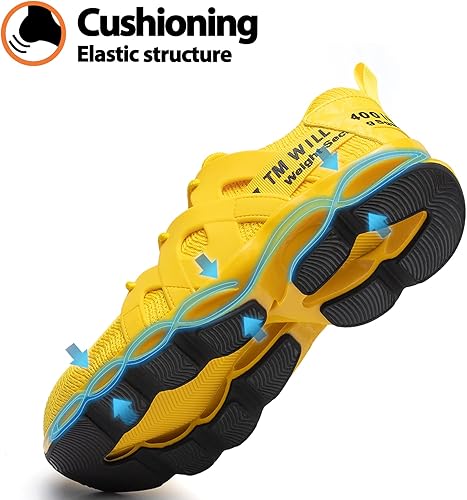 Miniatura 3 de Kezhiho Tenis de trabajo con punta de acero para hombre y mujer, amarillos, ligeros, transpirables, antideslizantes, construcción indestructible,