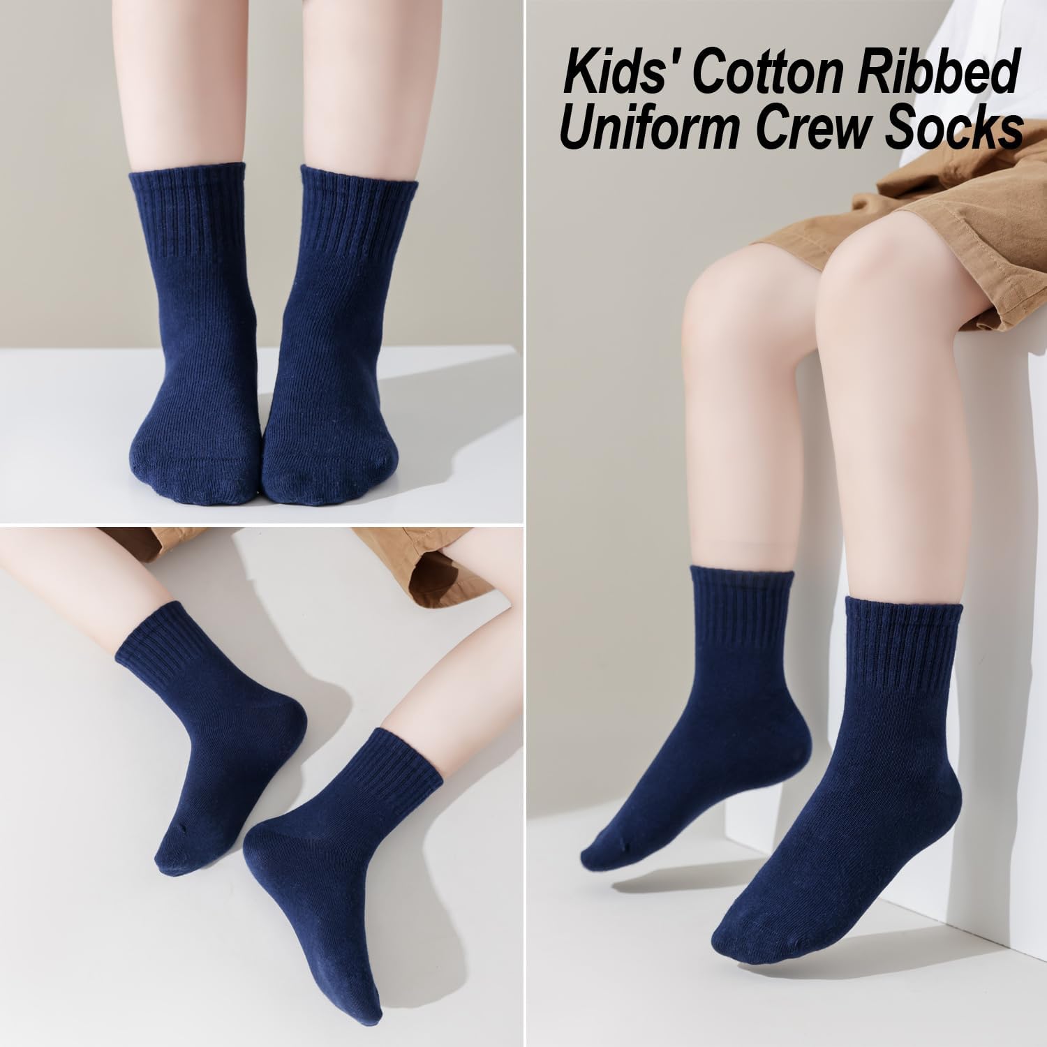 EPEIUS Unisex Kids Crew Socks Soft Cotton Seamless School Socks for Girls Boys Dress Sox White Black Navy 4/6/8 Pairs - Image 2