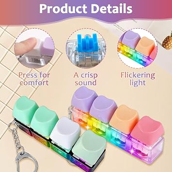 2 Pcs Mini Keyboard Fidget Toy Light Up, Portable 4 Button Clicky Keyboard Fidget Toy with Keychain for Relief Stress, Decompression Toys for Adults