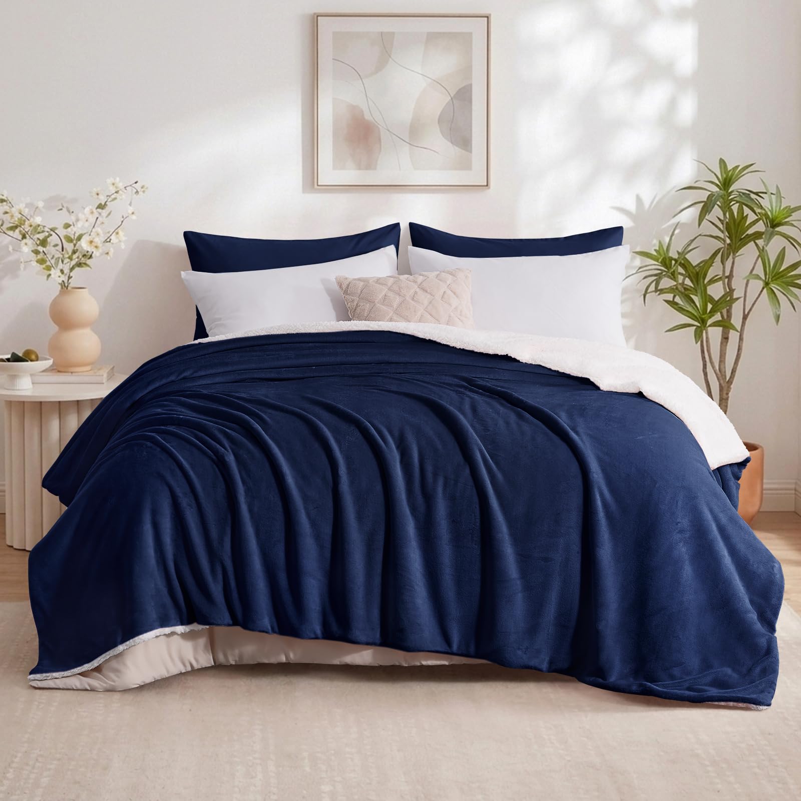 Aisbo Sherpa Fleece Throw Blanket King Size - Thick Warm Soft Navy Blue Extra Large Blankets for Bed, 200x240cm Fluffy Microfiber Solid Blanket for Sofas Couch โ image 1
