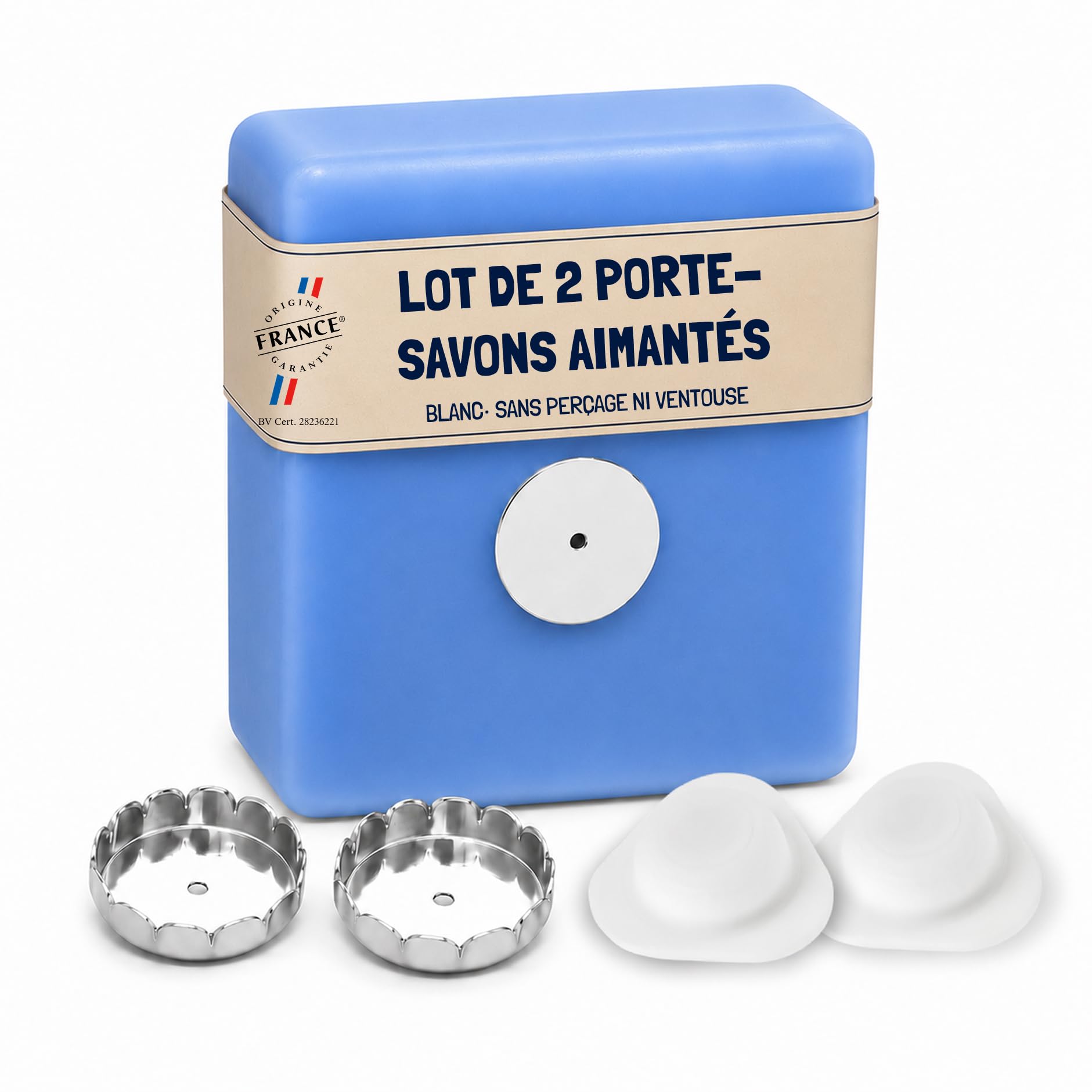 [EHOP] Pack de 2 Porte-savons aimantés Fixes avec Un adhésif | Blanc | Design & Fixation Puissante sans Perçage ni Ventouse | Savon Solide | Design Français