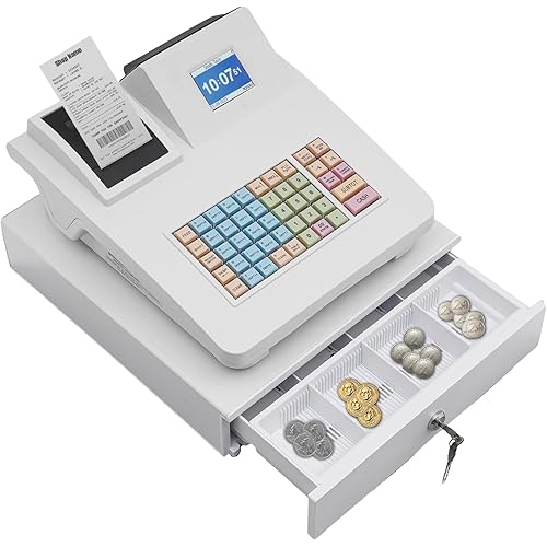 48 Keys Electronic Cash Register with Cash Drawer, Supports Create Reports and Thermal Printing Technology, Programmable Cash Register with Display Screen for Small Businesses Retail Store Restaurant