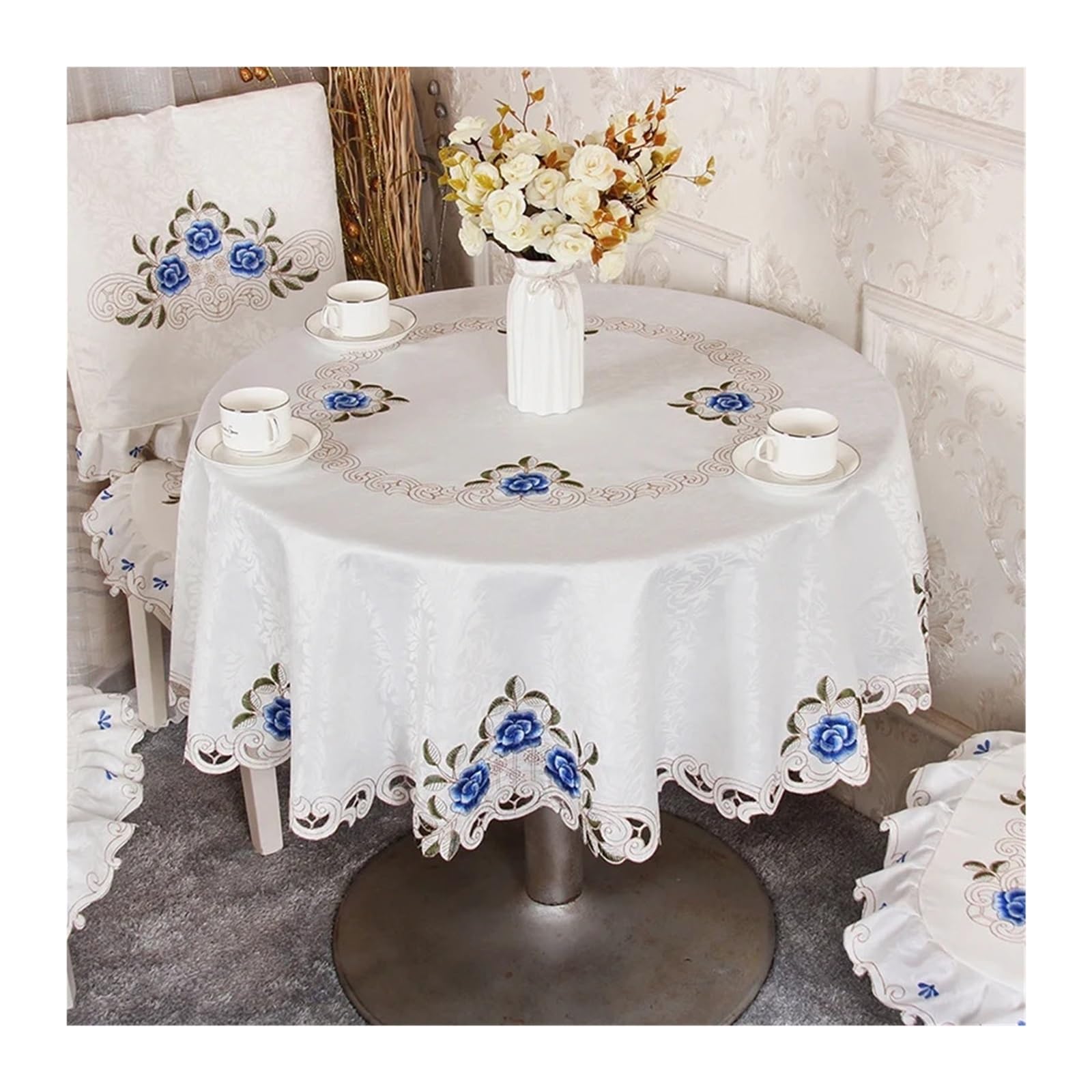 SHENJMAI Vintage Lace Table Round Table Cloth Tablecloths White Household Lace Tablecloth Dining Cover Embroidered Flower Home(Color2,Diameter 175cm)