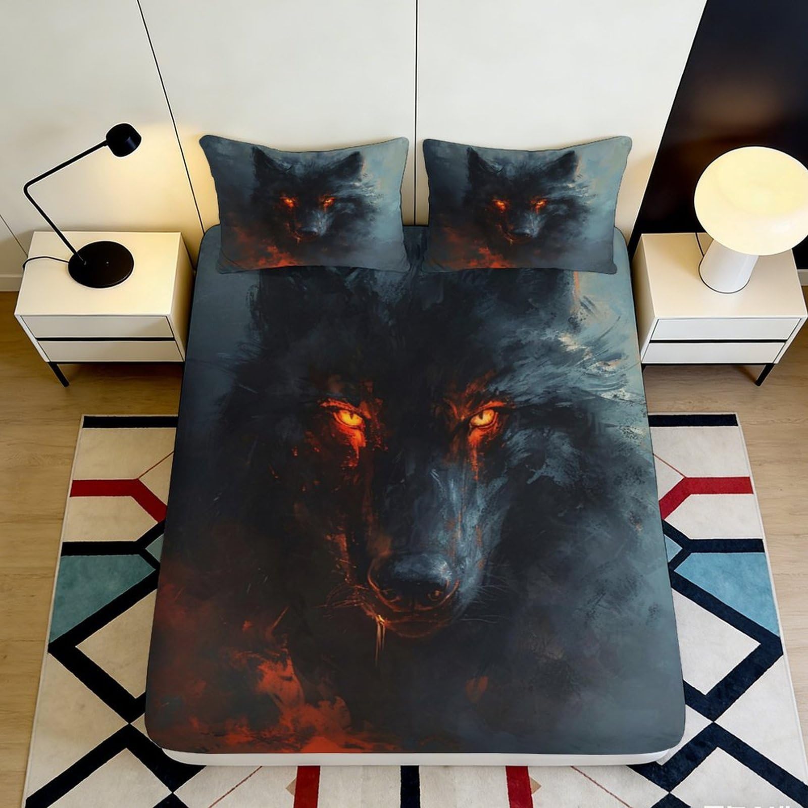 3D Printed Fiery Wolf Fitted Sheet Microfiber Soft Breathable Dark Forest Bed Cover for Bedroom Dorm Mattress Protection Decor 90x200x25cm