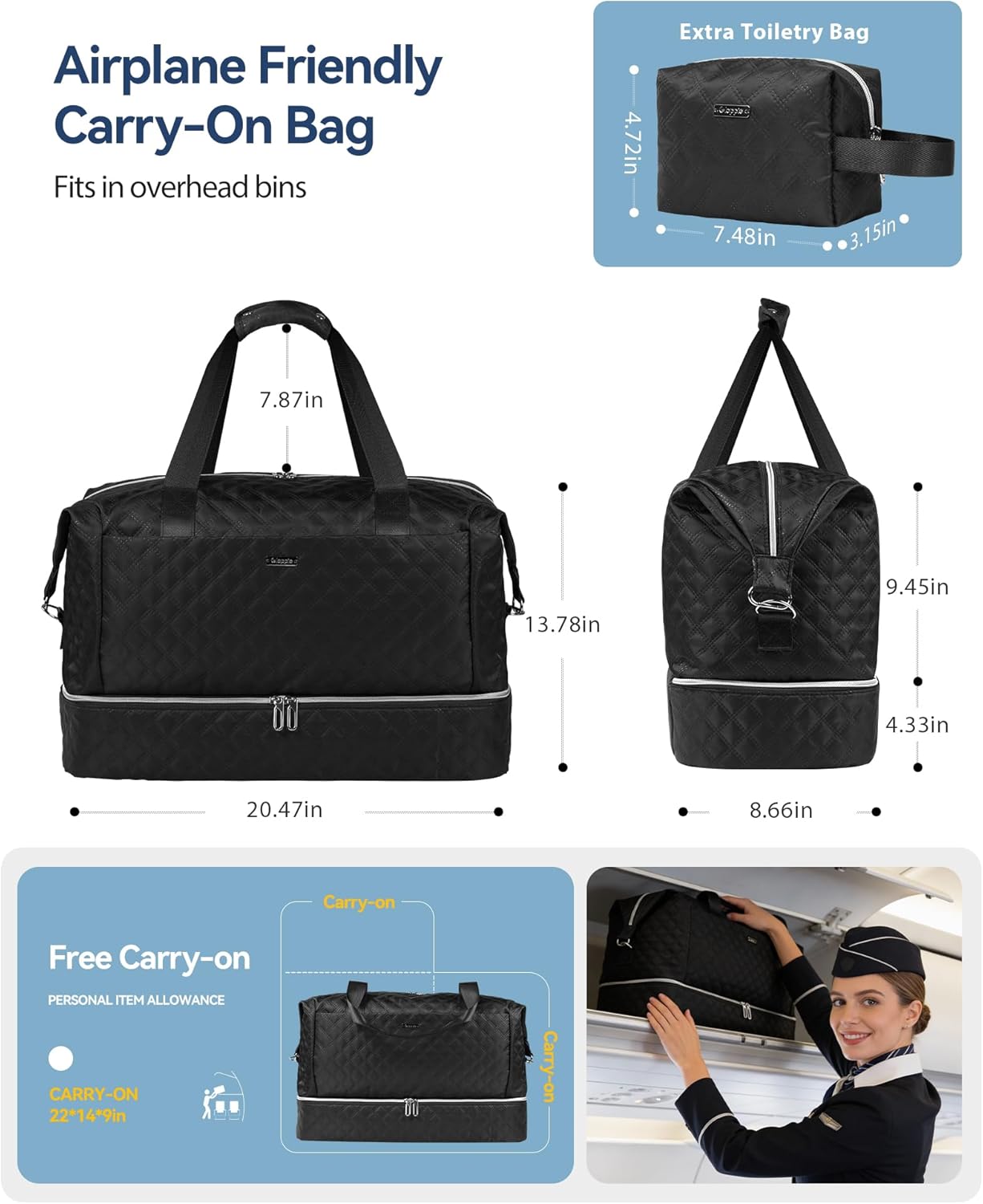 Gloppie Travel Duffel Bags for Women, 39L Large Weekender Bags for Women with Shoe Compartment, Carry On Overnight Gym Bags with Wet Pocket, Hospital Bag for Women Labor Delivery, 2 Pcs Set, Black