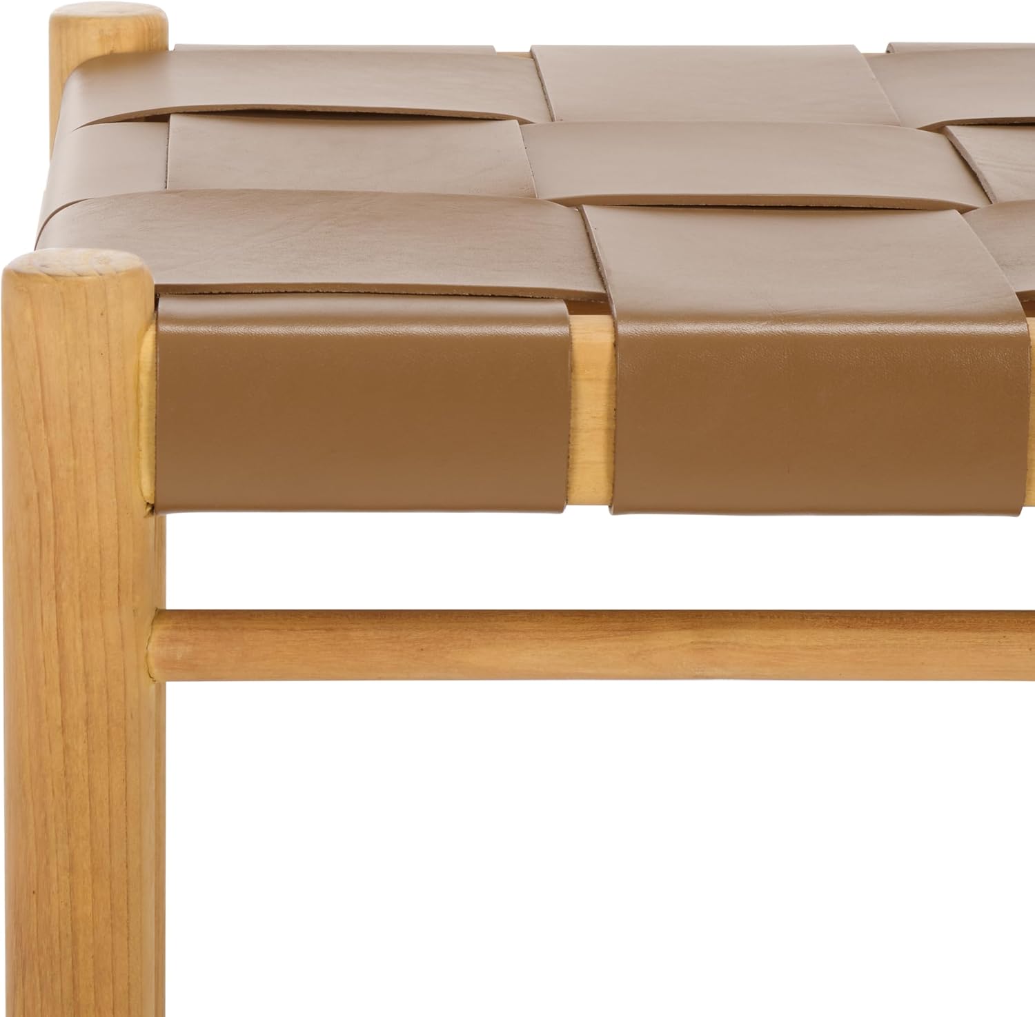 SAFAVIEH Couture Collection Devnie Brown Woven Leather & Natural Solid Wood Ottoman (Fully Assembled)