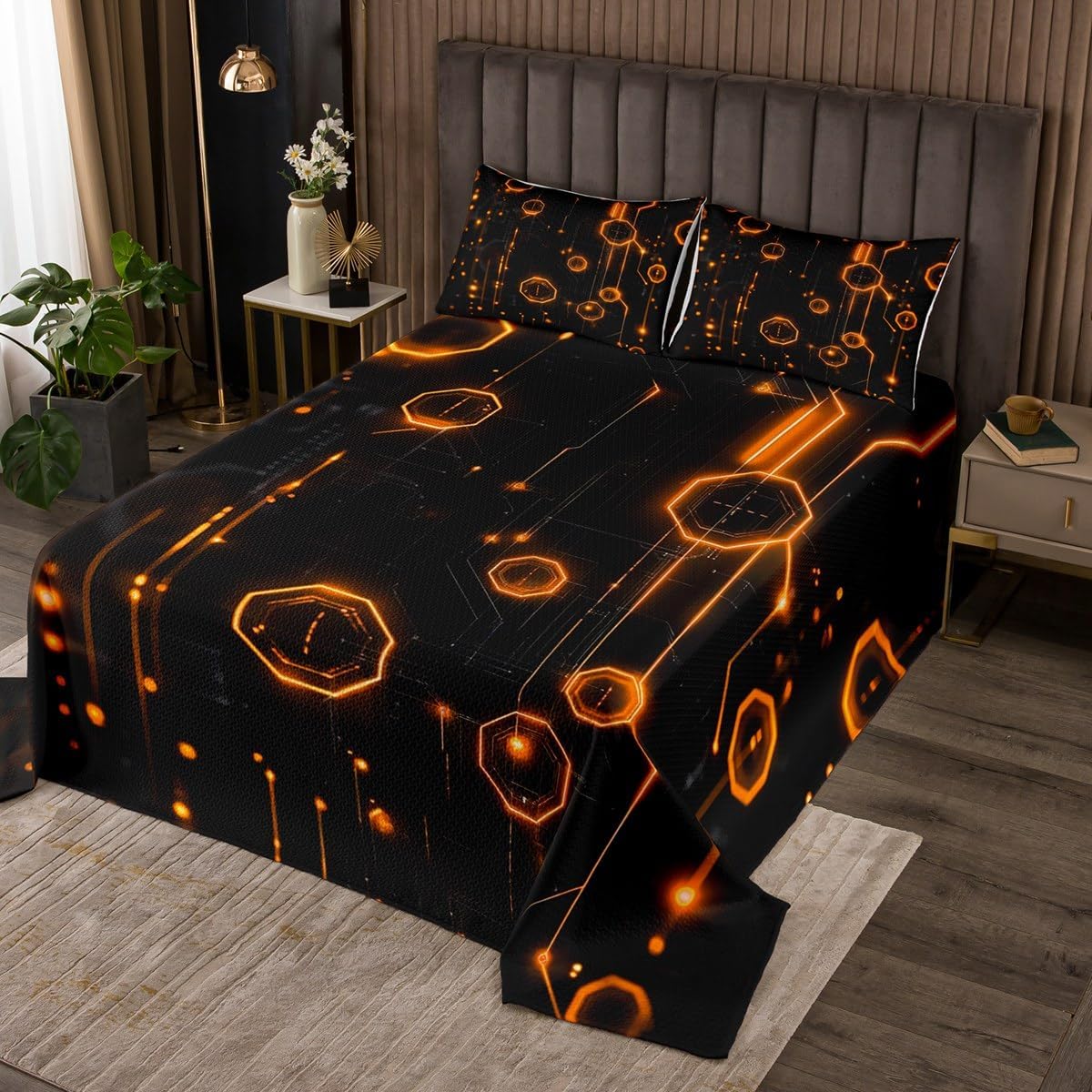 Erosebridal Orange Black Quilt Set for Kids Teens Adults, Neon Geometric Queen Bedspread Set with 2 Pillowcases, 3D Stereoscopic Square Pattern Coverlet Set, Modern Fashion Bed Set