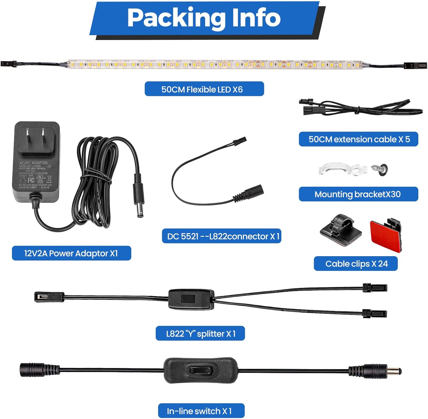 Under-cabinet lighting 6 x 20-inch flexible LED strips (includes UL-certified power adapter) 4000K daylight color temperature Suitable for kitchen cabinets countertops under shelves and wardrobes