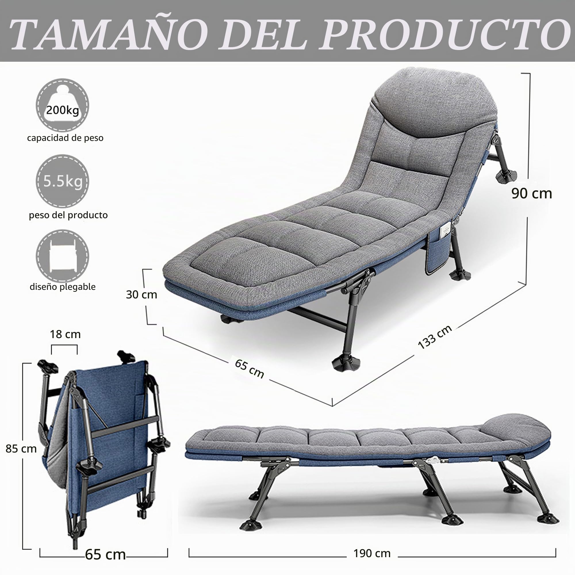 Cama de Camping Plegable con Colchón 190x65x30cm, Cama de Camp Portatil con Bolsillo Lateral, Tumbona Jardin Exterior con 5 Regulable Respaldo, Hamacas para Camping Jardín Exterior Interior, Gris