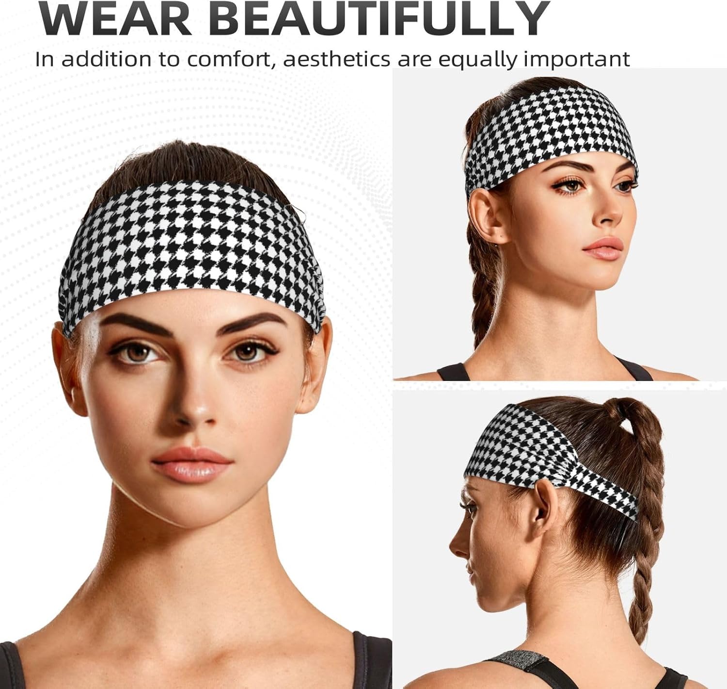 Houndstooth Black Elastic Exercise Headband – Soft Sweat Throw for Yoga & Running