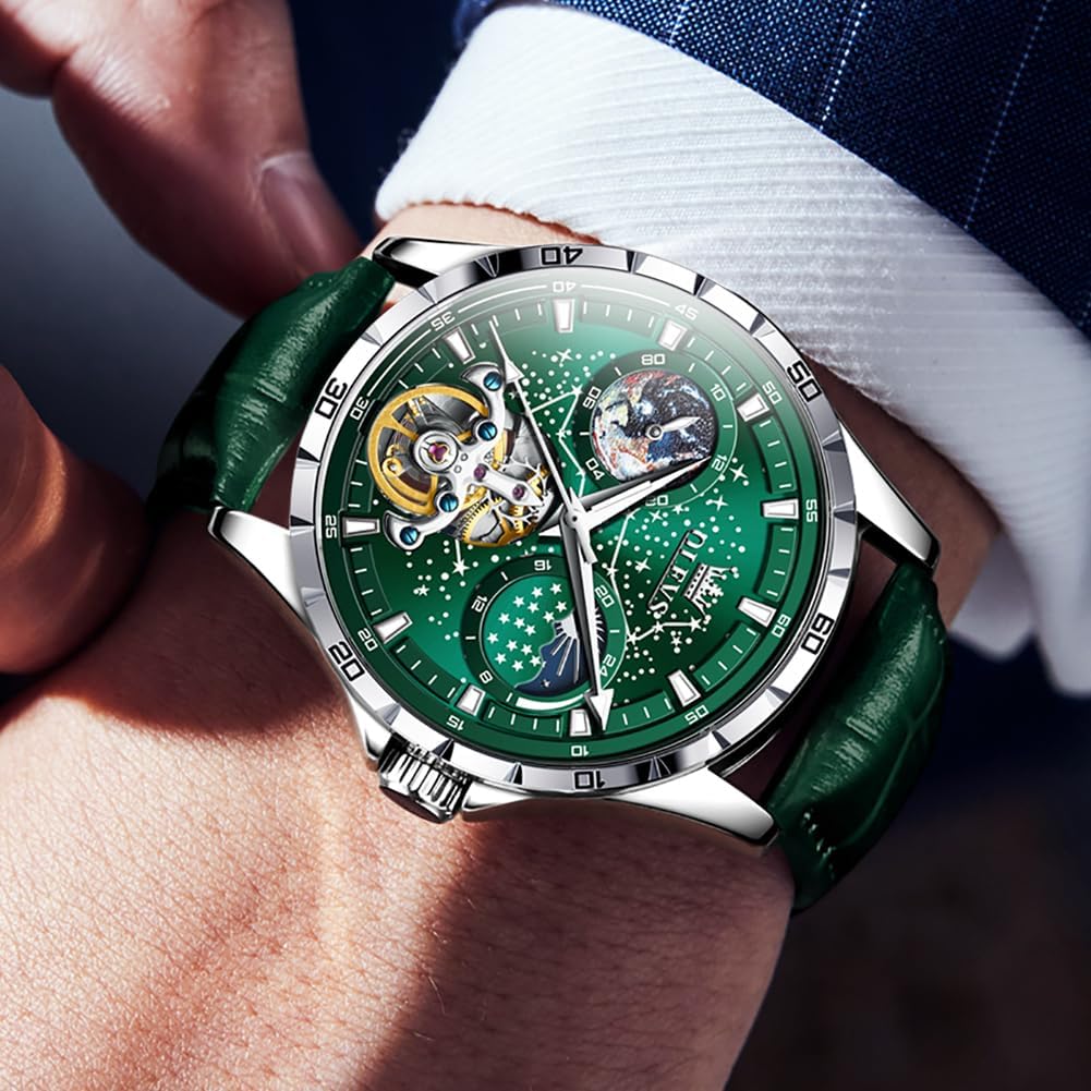 OLEVS Mens Leather Watches Automatic Mechanical Skeleton Tourbillon Diamond Luxury Self Winding Dress Wrist Watches Moon Phase Waterproof Luminous - Image 3