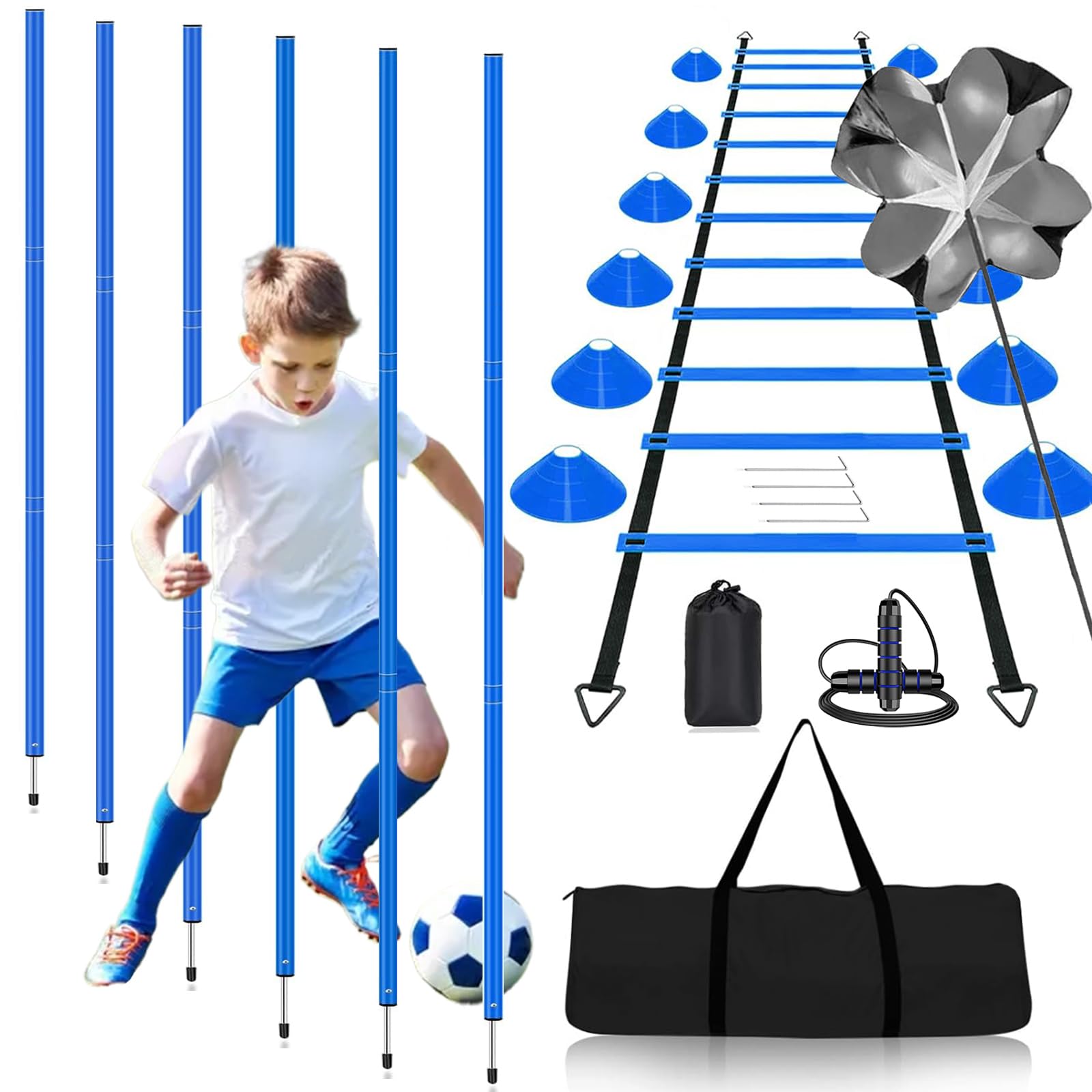 Slalomstangen Fussball Trainingszubehör mit 6 Slalom Poles, Koordinationsleiter 6m, 12 Hütchen, Springseil und Resistance Fallschirm, Fußball Trainingsset für Koordinationstraining