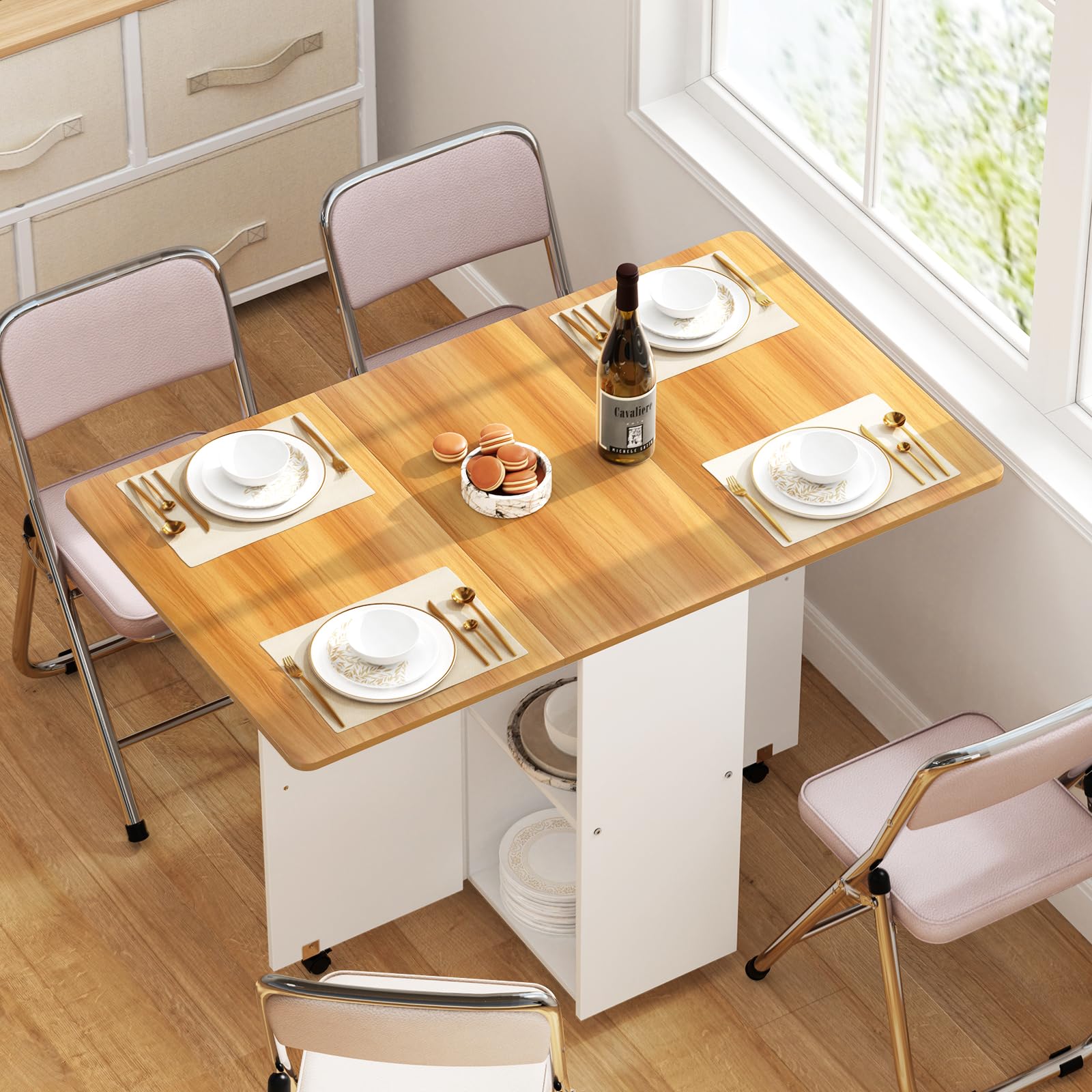 Mesa de Comedor y Cocina Plegable con Ruedas y Compartimento de Almacenamiento 110 * 70 * 78 cm Naranja-Blanco