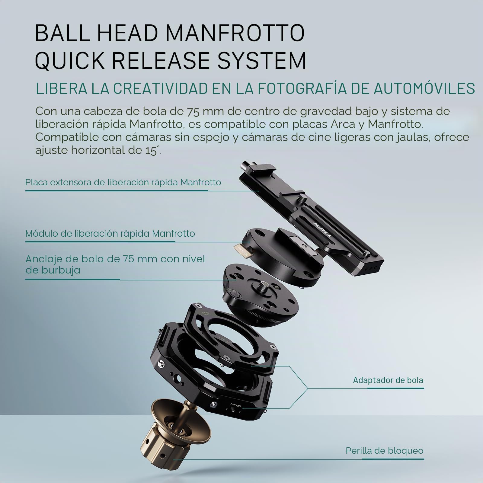 Tilta Sistema de montaje articulado Hydra para coche con ventosa de 6'' con raíl NATO, brazo articulado y placa extensora de liberación rápida Manfrotto, cargas útiles de hasta 44 lbs HDA-T11