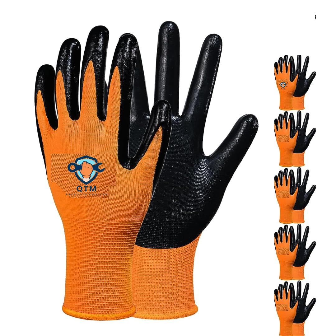 QTM Safety Work Gloves with Nitrile Coating-Waterproof Palm;Touchscreen Compatible,Superior Dexterity;Seamless Knit Non-slip Oil Resistant Working Gloves for Men and Women Pack of 5 Pair (Orange) (B0CHP1MZ86) Amazon Price History, Amazon Price Tracker