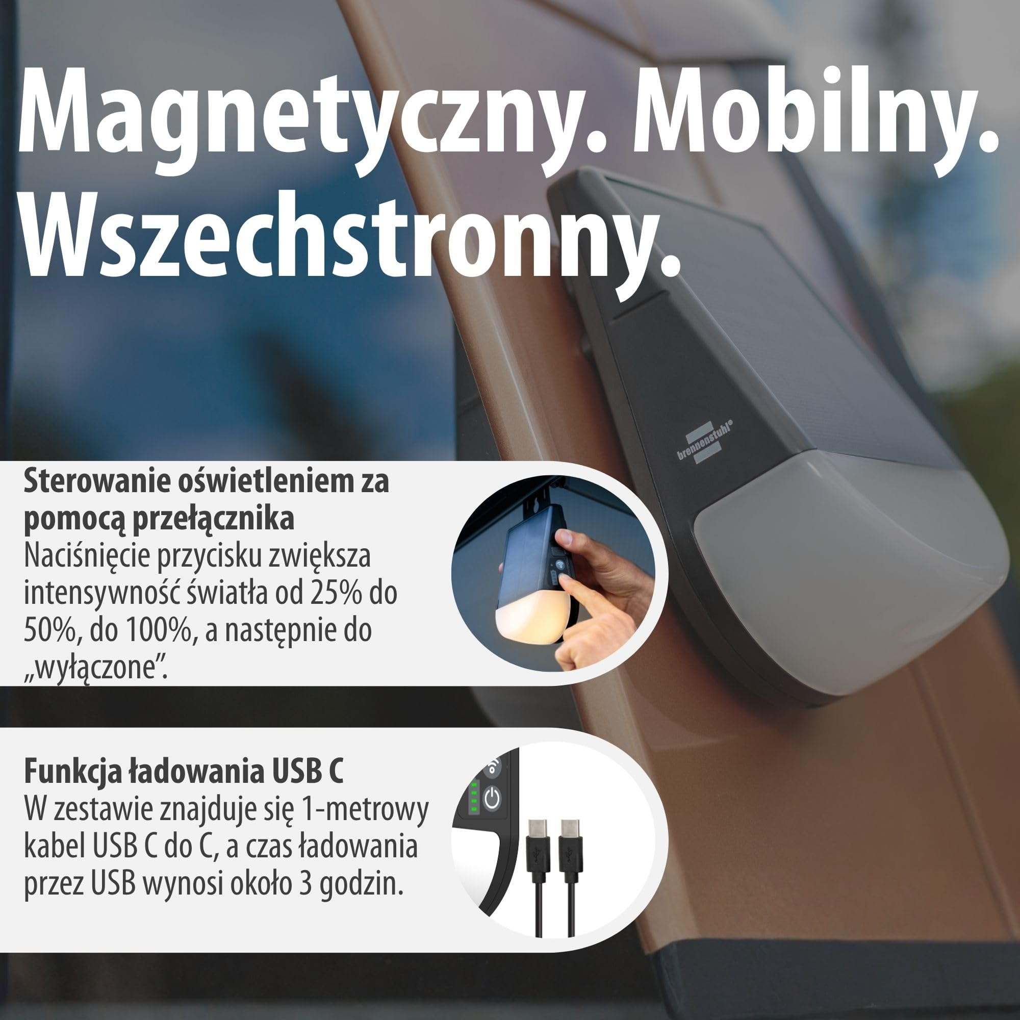 Brennenstuhl Lampa zewnętrzna LED na akumulator solarny KL 300 AS (250lm, kinkiet z czujnikiem ruchu, IP54, maks. czas świecenia 20 godz., adapter do szyny montażowej np. w przyczepie kempingowej)
