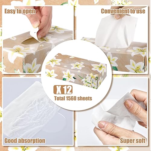 Miniatura 3 de 12 paquetes de 1560 hojas de pañuelos faciales, caja suave, pañuelos faciales, cajas de lirios de acuarela, 2 capas, 130 hojas cada caja, pañuelos