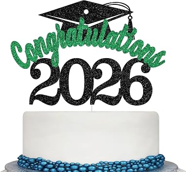 Congratulations 2026 Cake Topper, Class of 2026 Cake Decorations, Congrats Grad Party Decor, High School/College/University Graduation Party Decorations, Black and Green Glitter