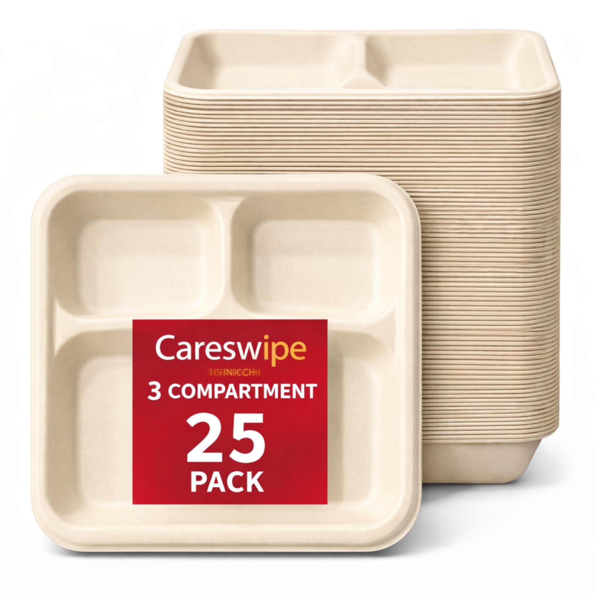 Careswipe 3 Compartment Disposable Paper Plates Meal Tray - Pack of 25 | Disposable Plates Eco Friendly Disposable Food Paper Plates | Home Use, Party, Picnic, Restaurant & Catering Use | Leak Proof
