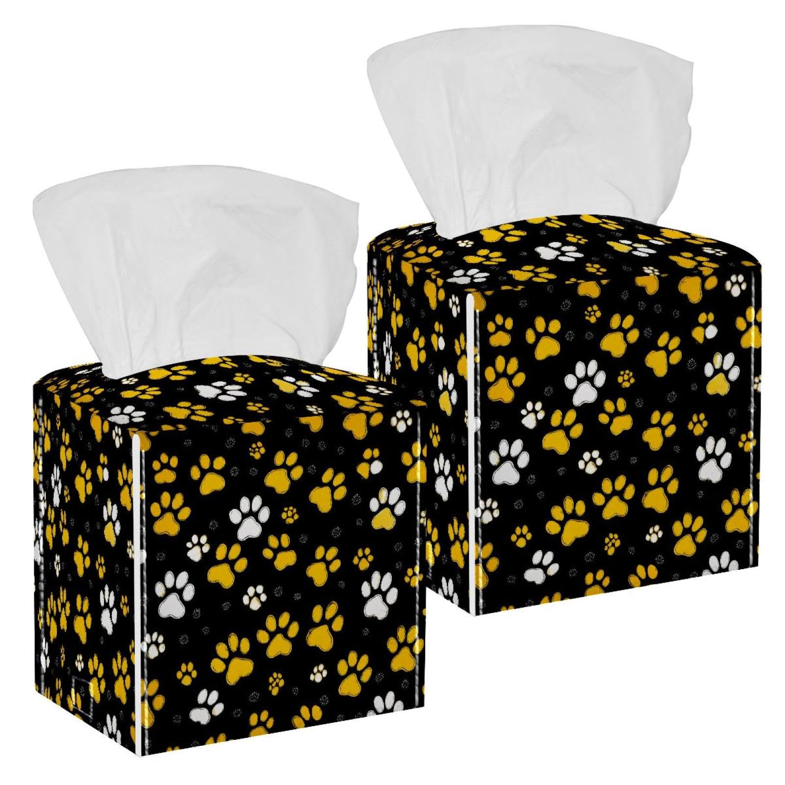 Dogs Paws Tissue Box Cover, 2 Pack PU Leather Square Facial Tissue Dispenser Box holder for Home Office Car