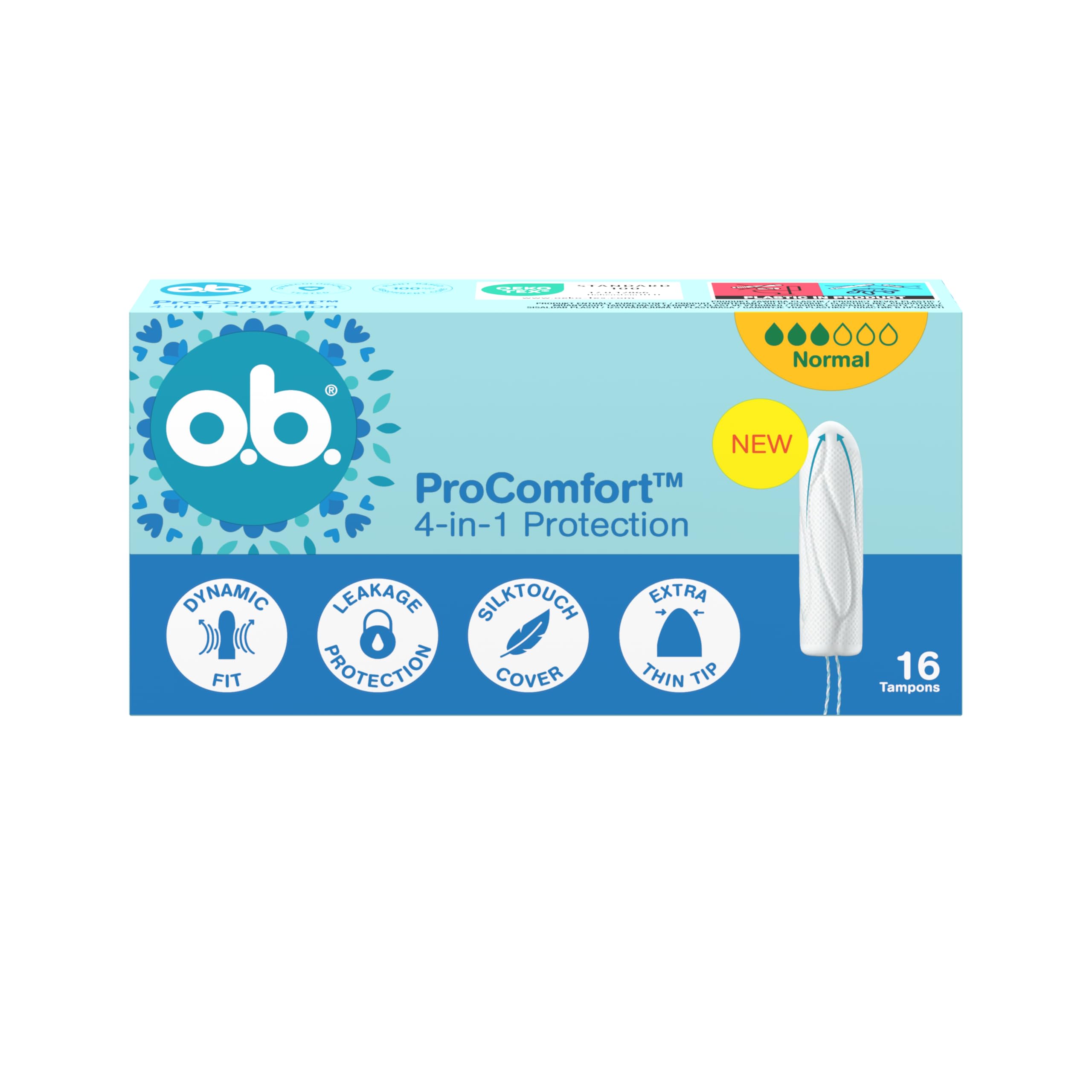 o.b. ProComfort Normal Tampony Zestaw 6x16 szt. NOWOŚĆ, Łatwa aplikacja i usuwanie tamponu, Na średnie lub mocne krwawienie, Wnętrze tamponu wykonane w 100% z materiałów pochodzenia roślinnego