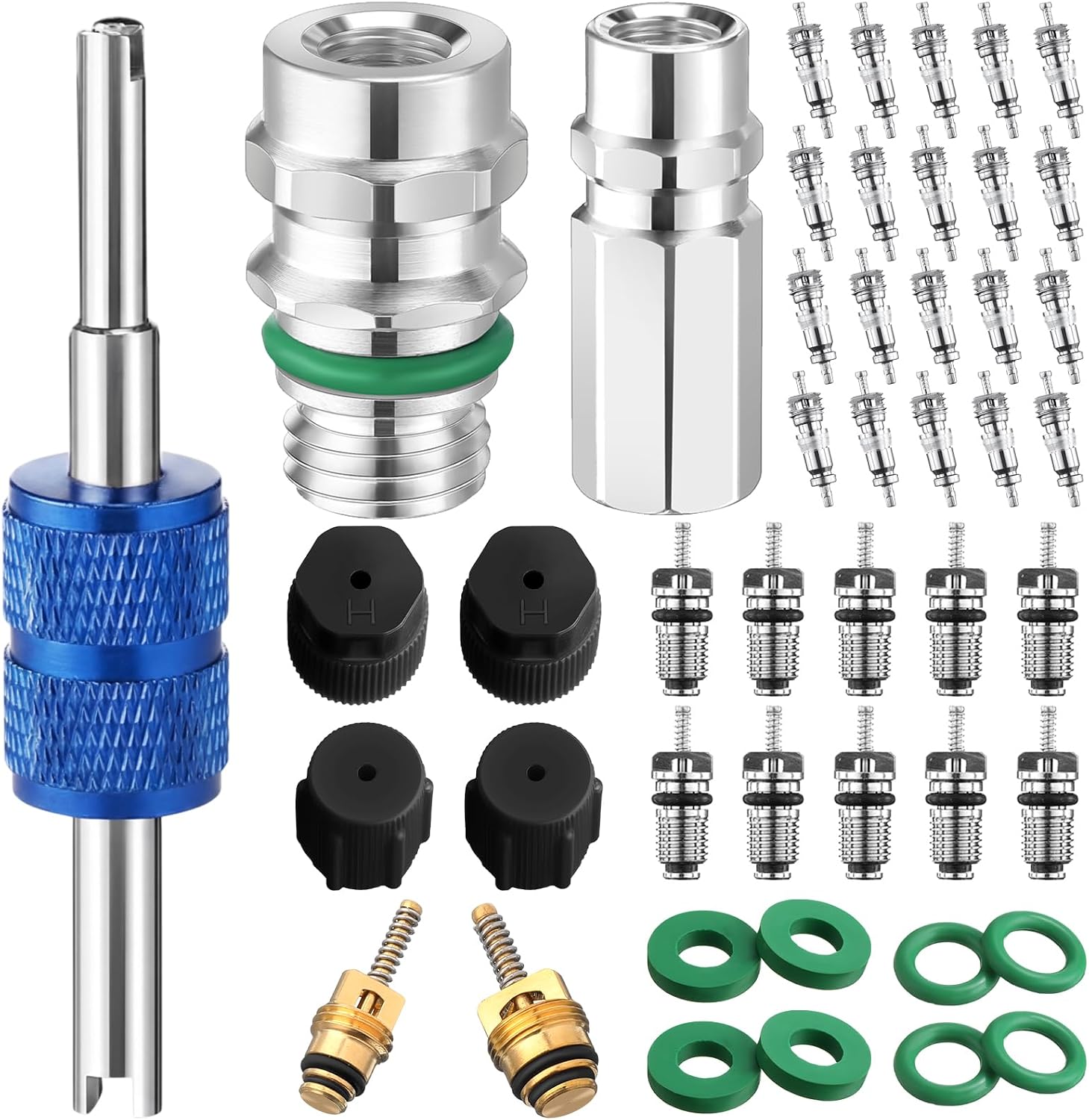 Zonon 47 Pcs Air Conditioning Valve Core Kit R12 R22 to R134a Ac Retrofit Fitting Adapter Kit, High/Low Fitting Port Retrofit 1/4'' to 7/16"-20 Unf Conversion Adapter(Black,Style 1)
