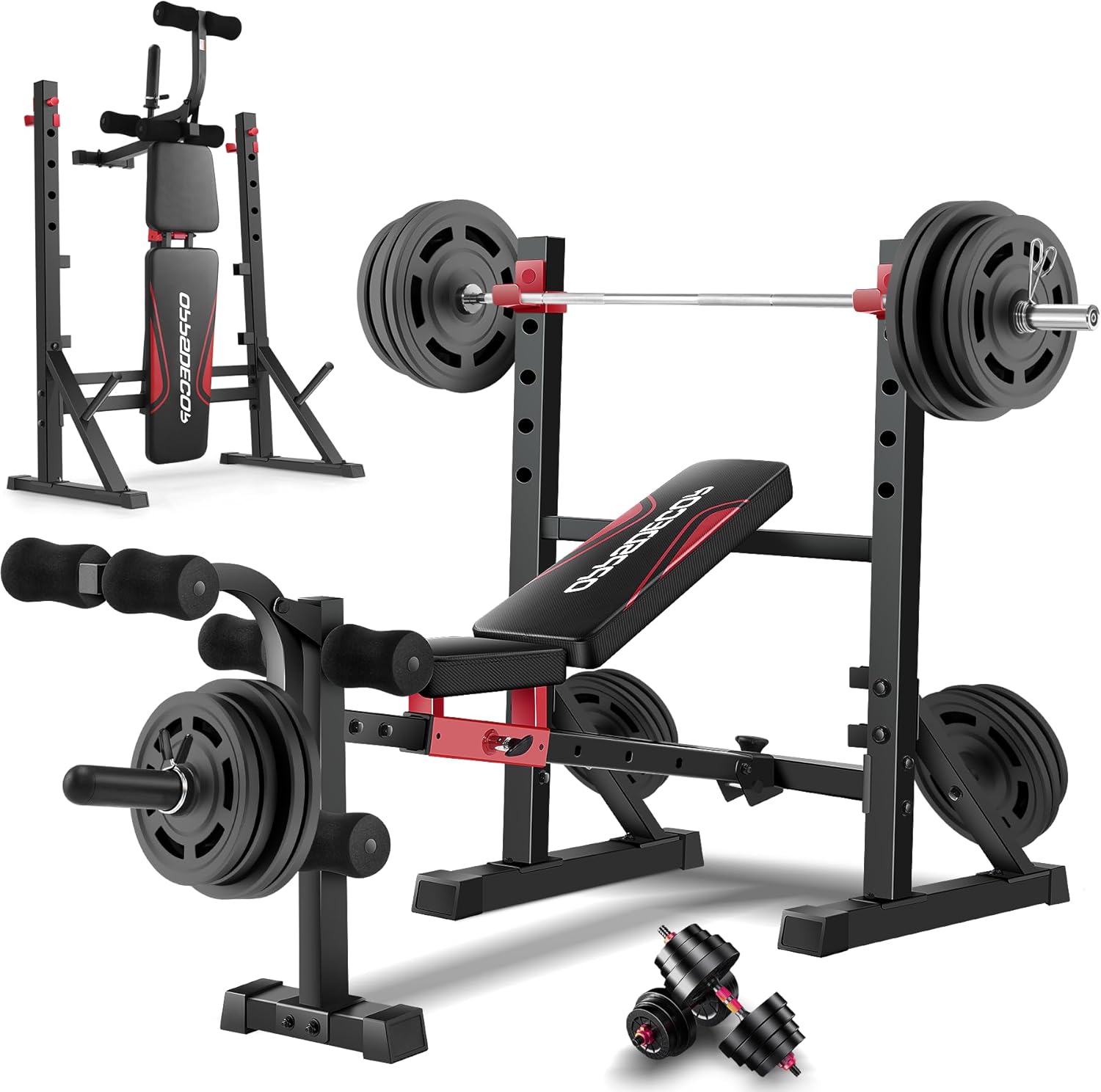 OPPSDECOR 900LBS Weight Bench Set with Squat Rack Foldable Bench Press Set with Leg Extension & Leg Curl Professional Flat/Incline/Decline Workout Bench for Home Gym Full Body Exercise