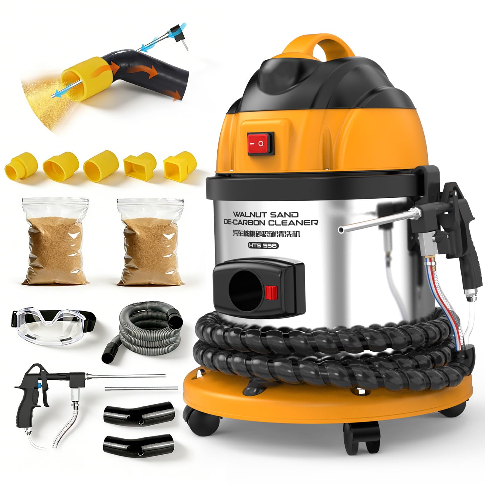 HTS558 Walnuss Strahlgerät 220V 1200W，13L Nussschalen Strahlgerät Sandstrahler, KFZ Ansaugrohr Ventil Reiniger mit Sandstrahlpistole zum Motorkohlenstoffentfernen undKraftstoff sparen