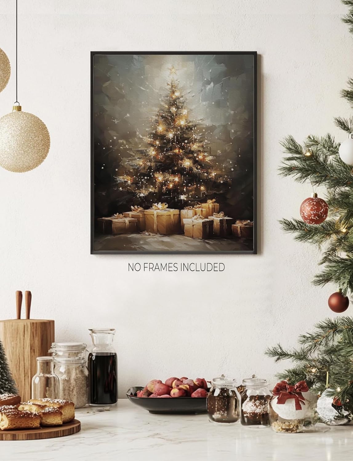 Foritho Vintage Glitter Christmas Tree Canvas Wall Art Prints, Rustic Christmas Decor, Retro Xmas Tree Gift Boxes Framed Wall Decor for Home Bedroom Living Room, 11x14 Inch - Image 2
