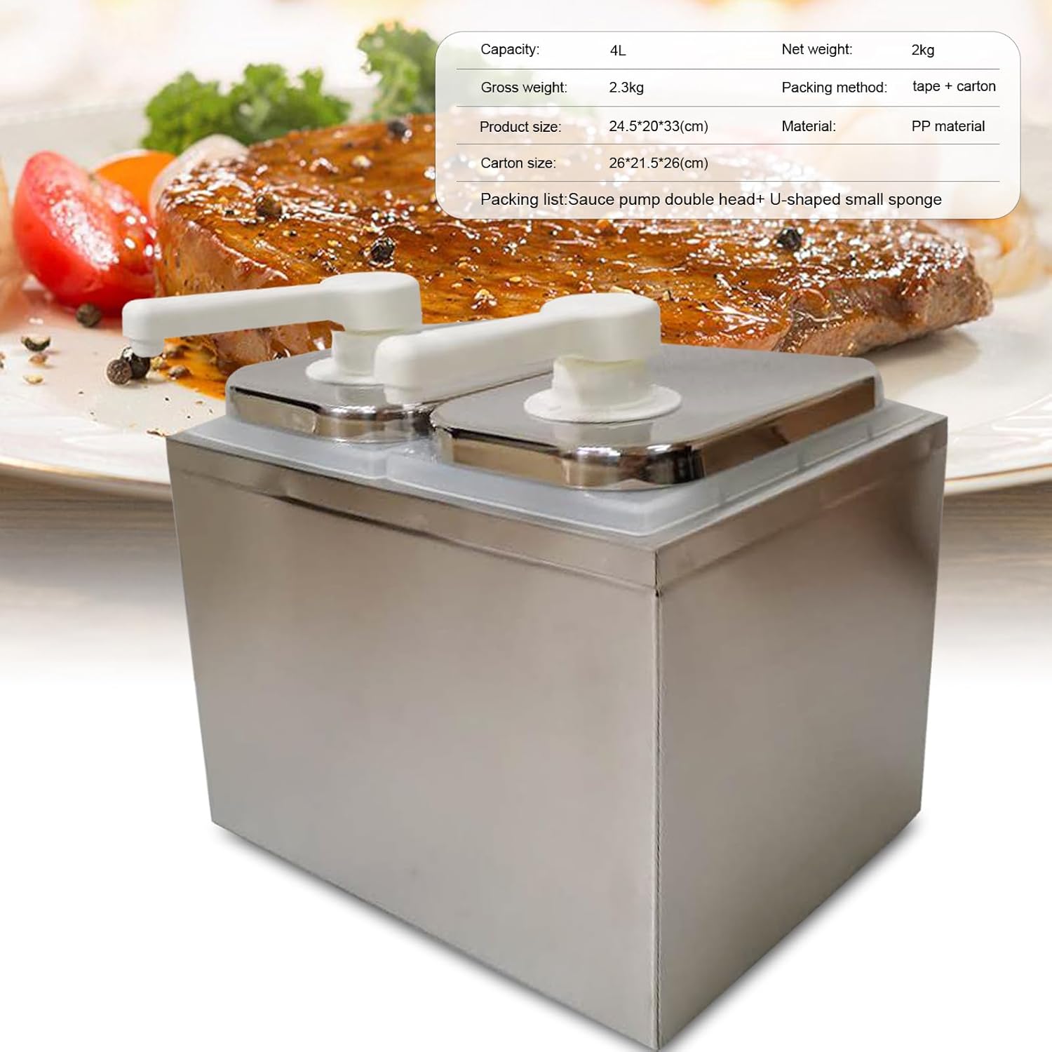 2L Sauce Dispenser Pump, Double-Headed Condiment Pump Station, Commercial Stainless Steel Dispenser Condiment Pump for Ketchup, Salad, Jam, Seasoning, Fudge (Double-Headed)