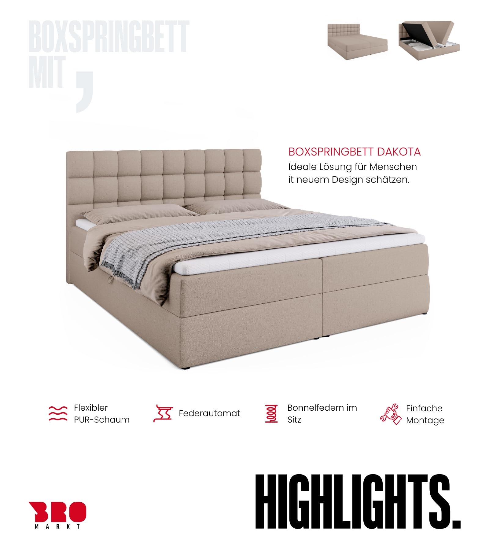 BROMARKT Boxspringbett mit Matratze 180x200cm Bett mit Topper Beige