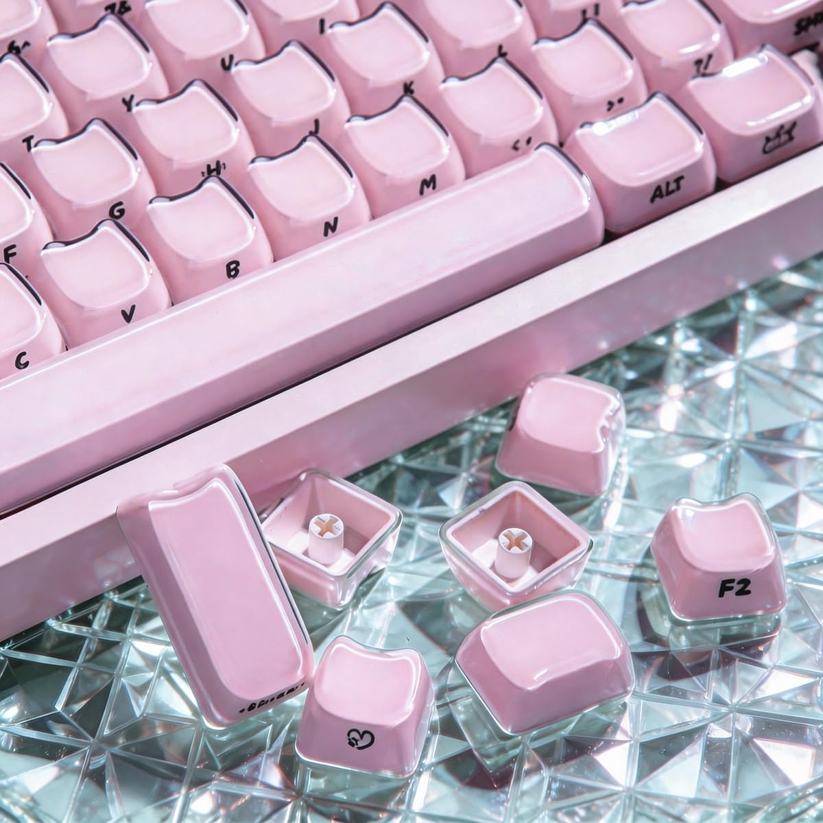 Hyekic Crystal Jelly Cat Shape Keycaps, 119 touches translucides rose mignonnes imprimées sur le côté Mao Profile Custom Keycap pour 61/68/84/87/98/100 Cherry Gateron MX Swithes Clavier mécanique