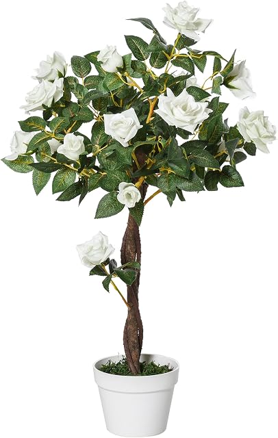 Outsunny 90cm/3FT Artificial Rose Tree Fake Decorative Plant w/ 21 Flowers Pot Indoor Outdoor Faux Decoration Home Office Décor White & Green