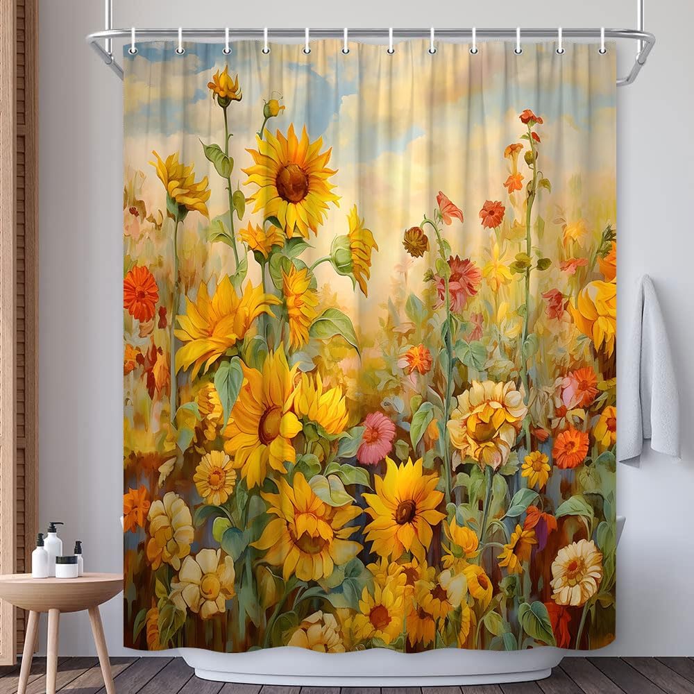 Sunflower Shower Curtain Rustic Watercolor Yellow Flower Green Leaf Vintage Farmhouse Floral Bath Decor Polyester Fabric Curtains 90X70 Inch