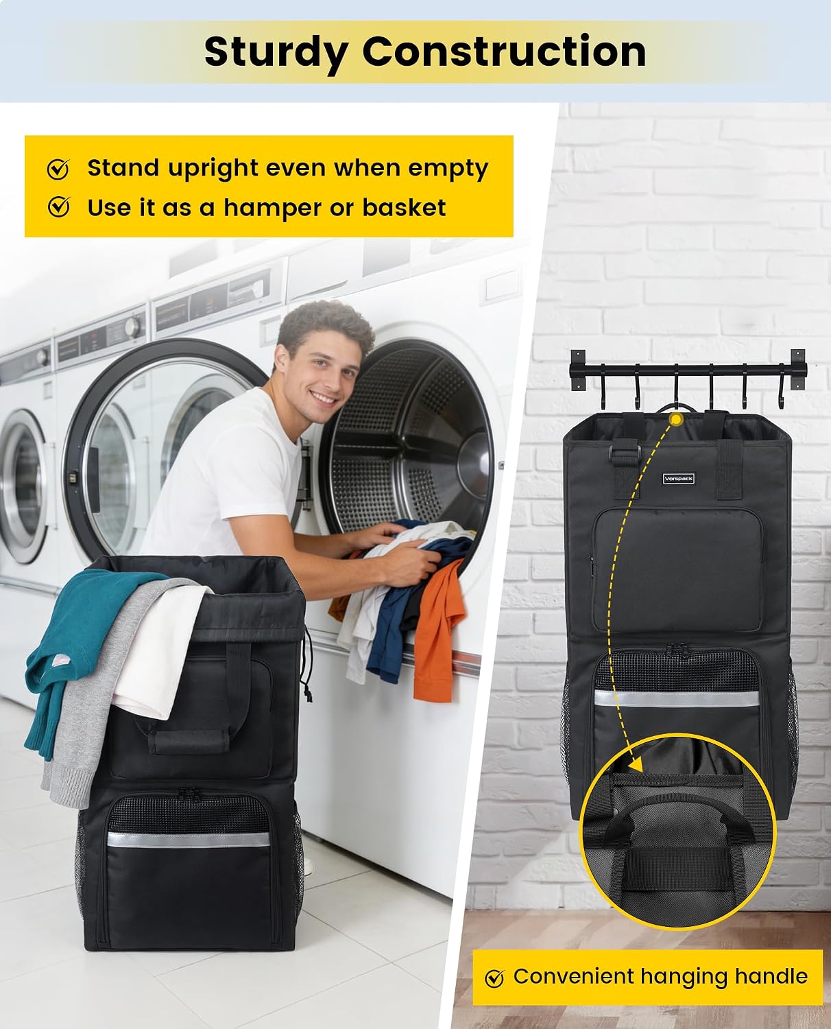 Vorspack 2 in 1 Laundry Bag Backpack with Shoulder Straps, Extra Large Heavy Duty Dorm Laundry Bags, Portable Hamper for College Students, Camping, Travel, Apartment, Black